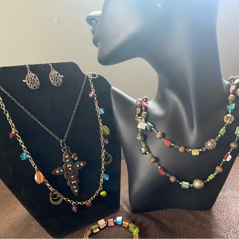 Vintage or boho-style mixed-media colorful necklaces, bracelet & earrings